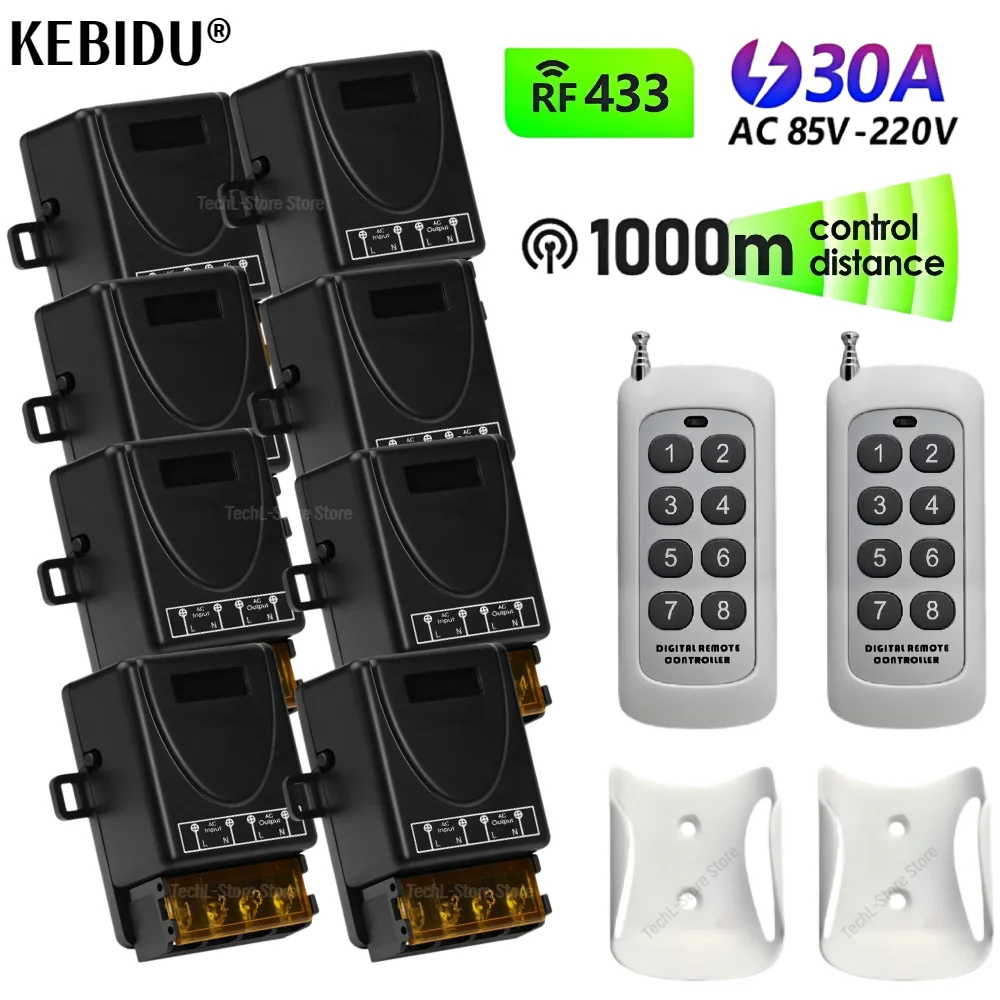 

KEBIDU RF 433MHz 110V 220V 230V Light Remote Control Switch Wireless 1000m Transmitter 30A Relay Receiver for Water Pump Fan
