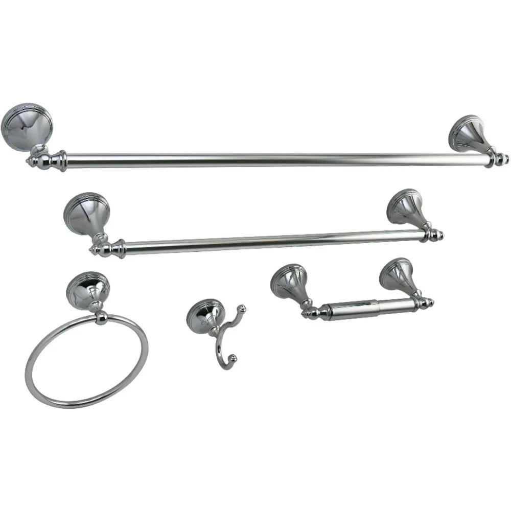 

5-Piece Bathroom Accessory Set with Towel Bars, Ring, Hook & Paper Holder in Polished Chrome