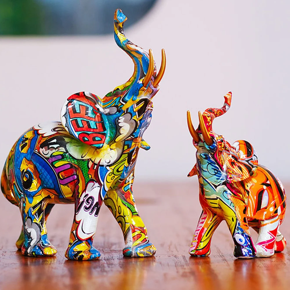 

Handicraft European Style Colorful Hydrographic Elephant Decoration for Home Living Room Office Entryway A Graffiti Inspired