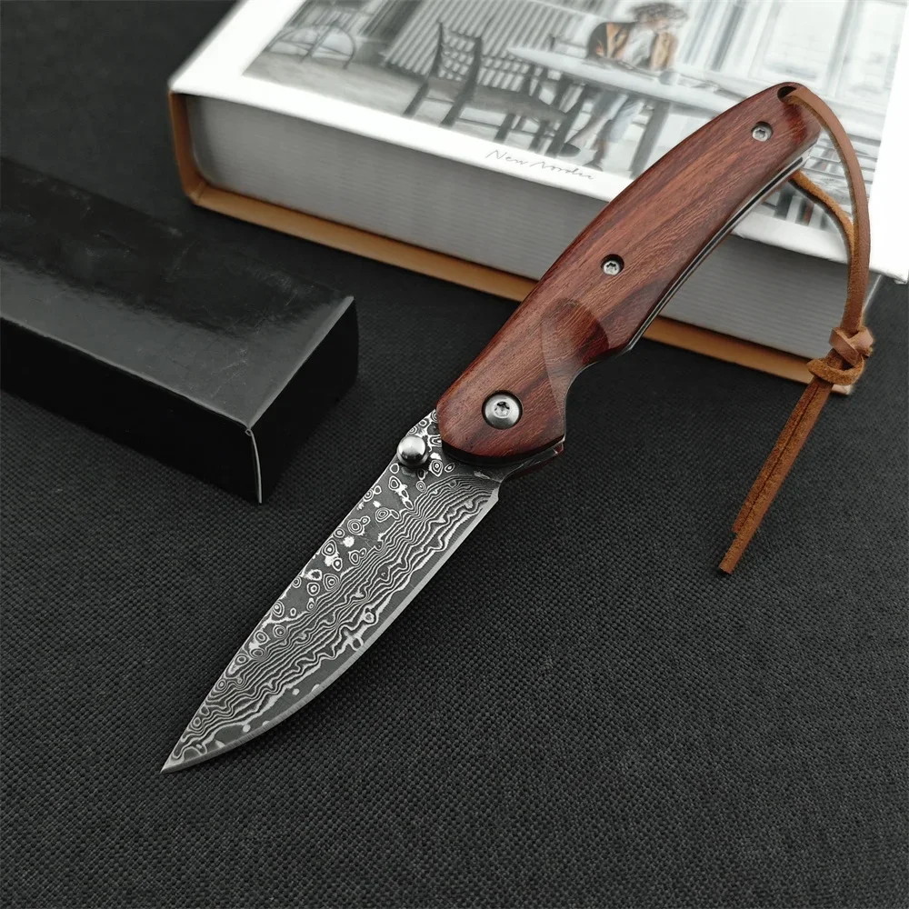 

Damascus Steel Pocket Folding Knife Wood Handle High Quality Tactical EDC Knives Outdoor Camping Hunting Tool Collection Gifts