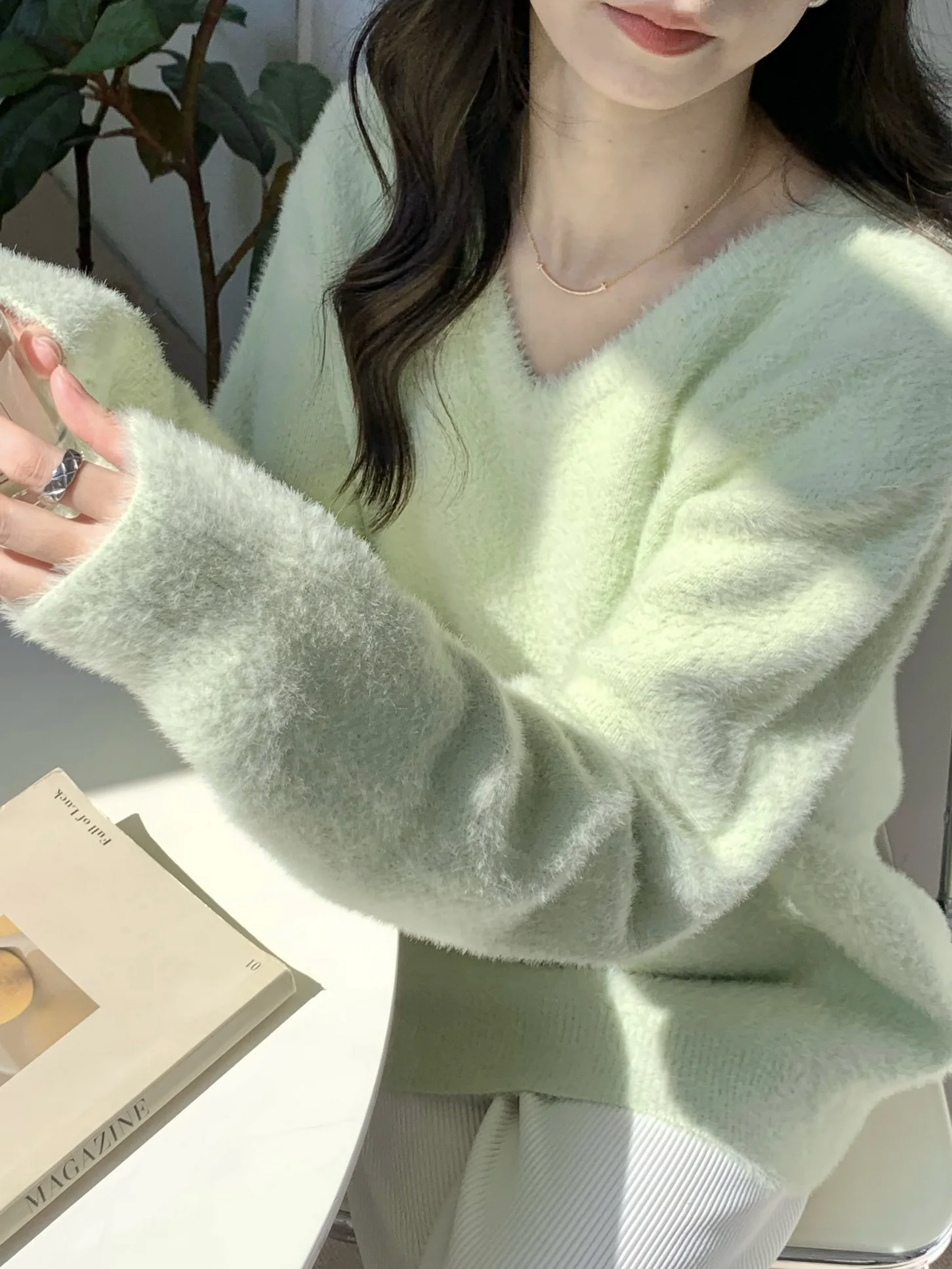

Loose V-Ne Faux Mink Knitwear Women's Autumn Winter Thi Warm Soft Sweater Korean Sle Casual Comfortable Top