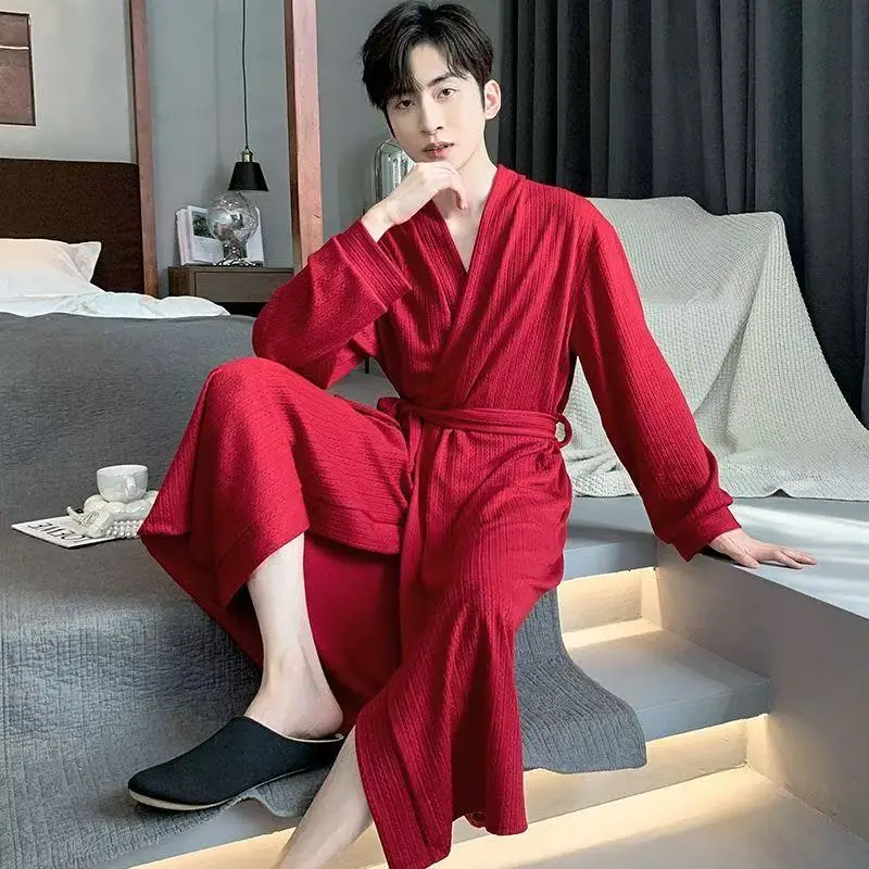 

Chinese Style Lucky Red Long Robe Men's Traditional Wedding Bridegroom Pajamas Home Wear Bathrobe Vintage Spring Autumn Gown