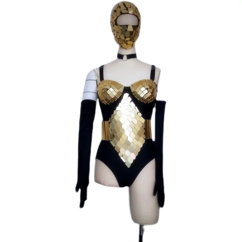 Women Silver Gold Sequins Bodysuit Nightclub Bar Gogo Mirrors Costume Headwear Stage Performance Clothes Festival Outfit XS3943