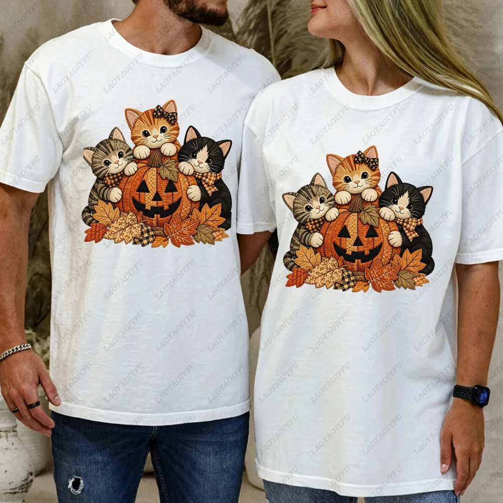 Halloween Kitten Pumpkin Patch Graphic Unisex Casual Short Sleeve Cotton T-Shirt Three Cats Jack O Lantern Cute Fall Kitten Tee
