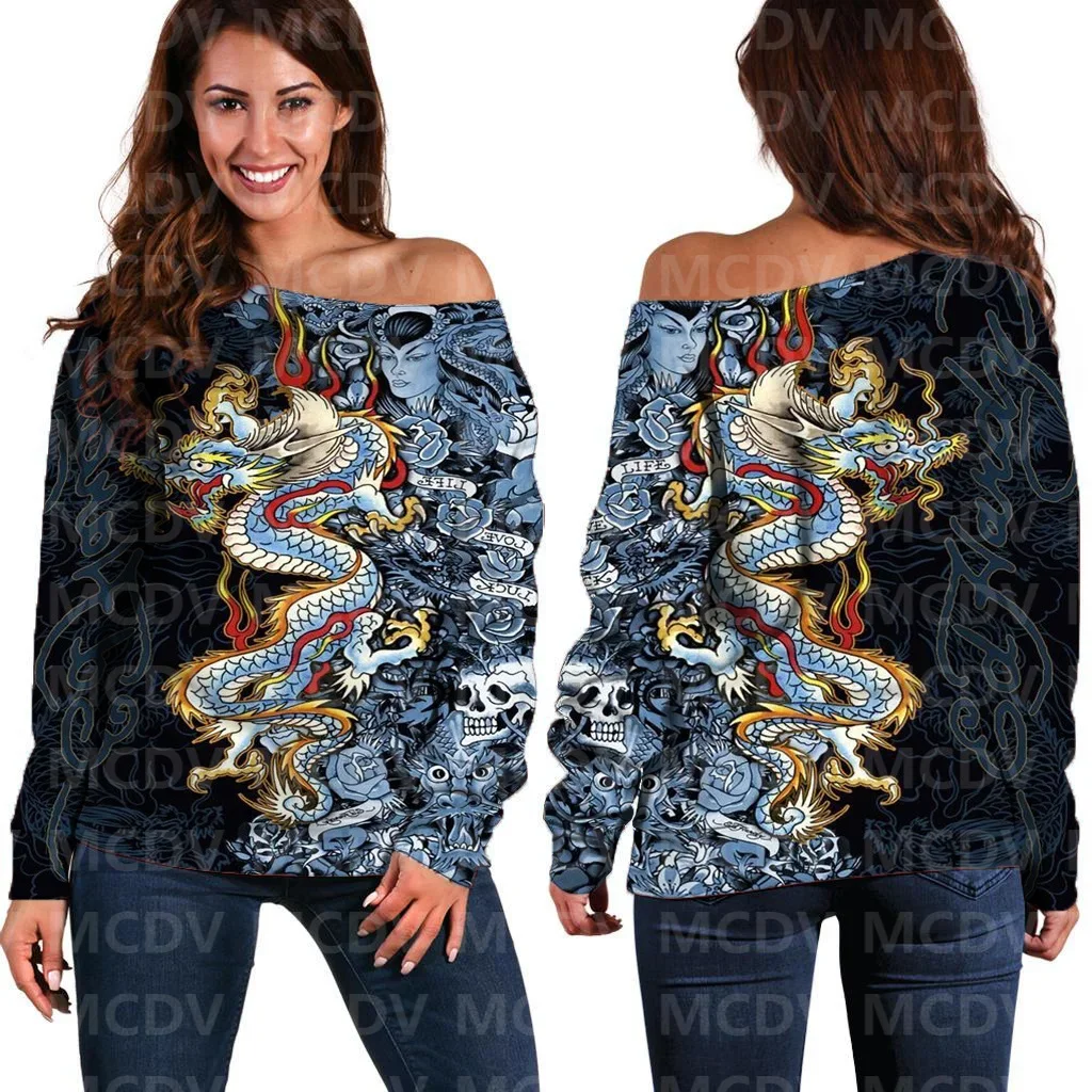 Dames Off Shoulder Trui Dragon 3d Print Dames Casual Trui Met Lange Mouwen