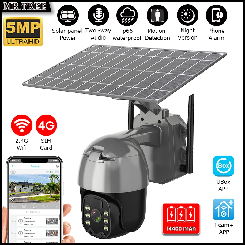 

5MP Solar Outdoor Surveillance Camera 4G SIM PTZ Video Motion Detection Home Wifi Security Protection PIR Color Night CCTV Cam