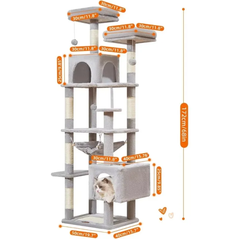 

Cat Tree, 68 Inch Cats Tower with 6 Scratching Posts, 2 Perches, 2 Caves, Hammock, 3 Pompoms for Indoor Cats, Cat Tree