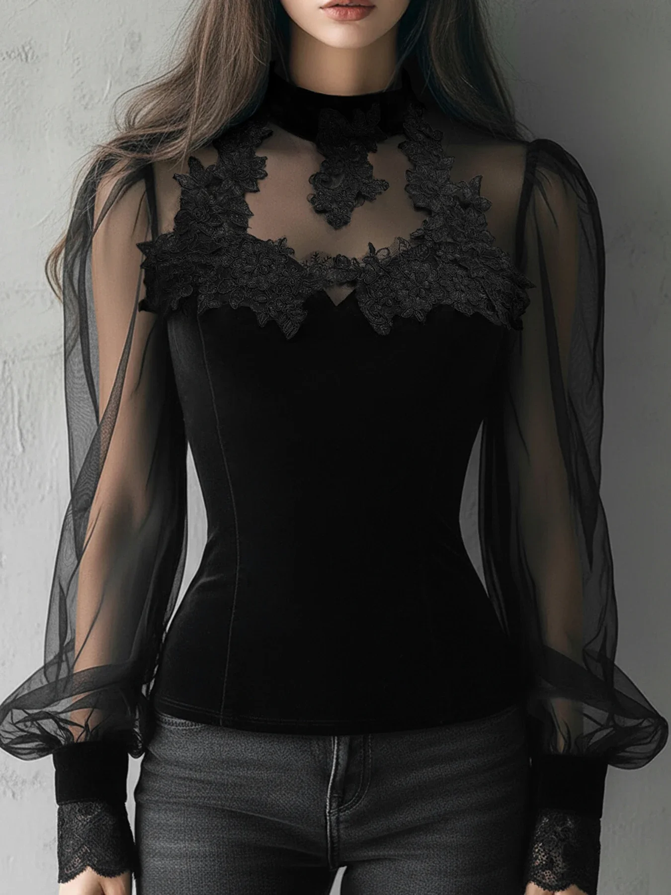 Franse Stijl Vrouwen Zwarte Shirts Elegante Kant Bloem Patchwork Fluwelen Blouses Vroege Lente Nieuwe Slanke Sheer Lange Mouw Top 2026