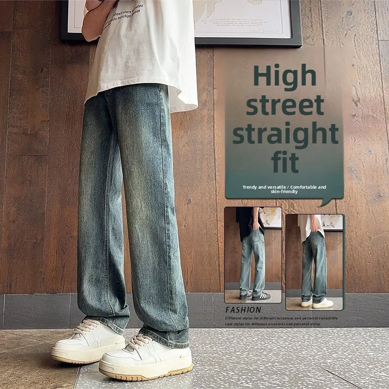 

American High Street Sle Men's Jeans Loose Straight Leg Spring Autumn Trendy mid Waist Raloxifene Teenager Zipper Opening
