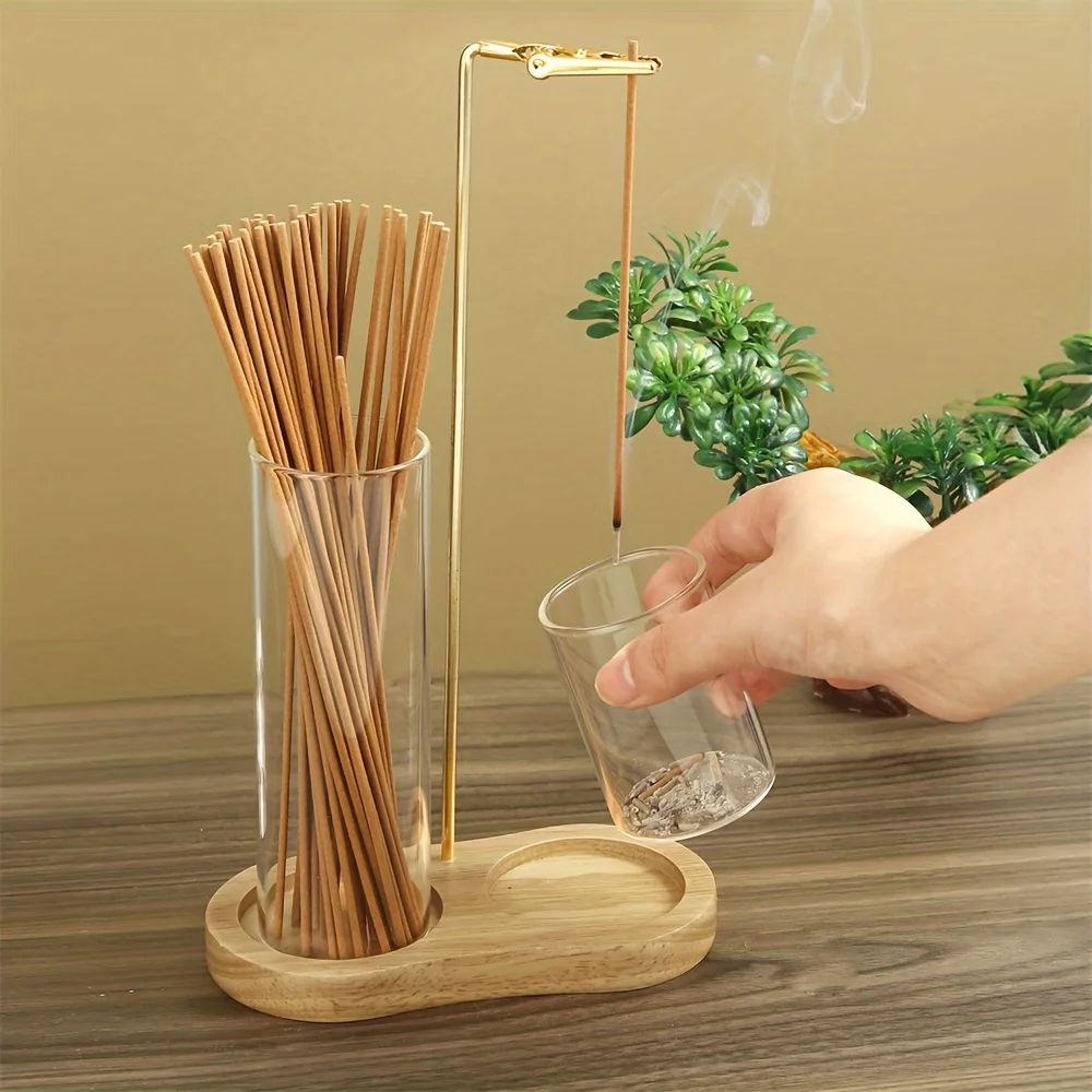 Incense Stick Burner With Stand Glass Holder Wooden Tray For Home Decor Yoga Meditation Aromatherapy Gift Catcher Base