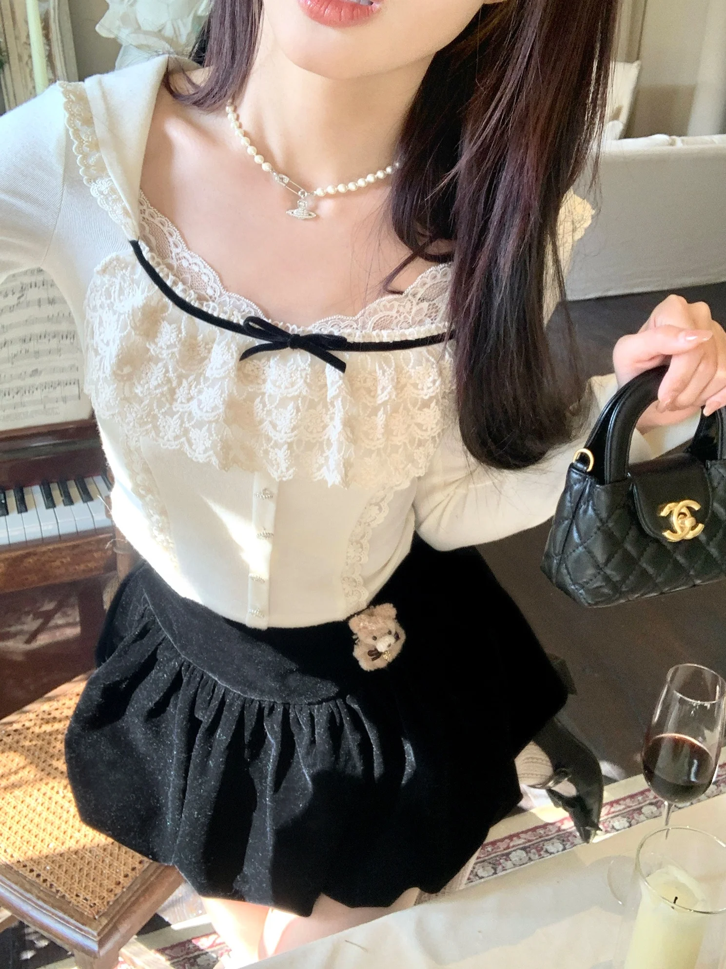 

Acaine ort Lace Knitted Base irt Women's Square Collar Design Sensation Autumn Faion Top Quali Ladies' Knitted Wear