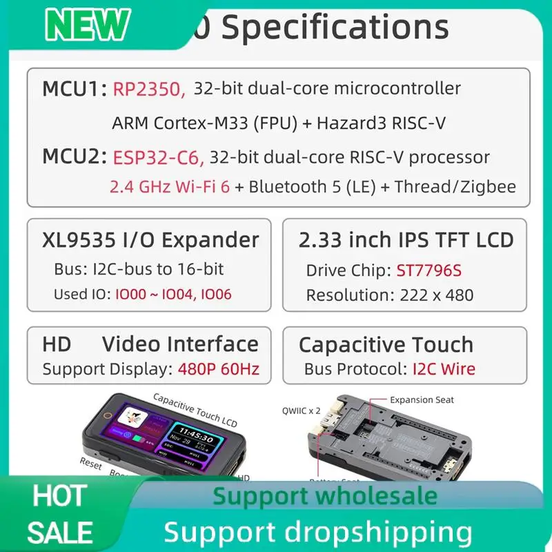 Solid RP2350 Development Board Onboard ESP32-C6 Expansion Module 2.33 Inch LCD Touch Display