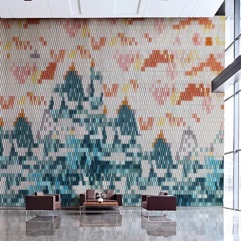 Color mosaic landscape  modern abstract three-dimensional Mitsubishi column solid wood background wall company hotel image wall