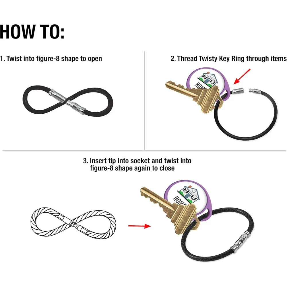 Chaveiro de fio de aço revestido de nylon flexível, resistente à corrosão e durável, pacote com 5 cores sortidas