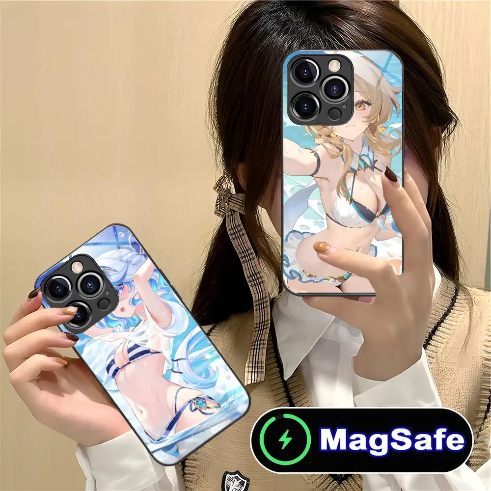 

Genshin Impact Ecchi Mobile Phone Case for iPhone 16 15 14 13 12 11 Pro Max Plus Mini MagSafe Glass Colour Protective Smartphone