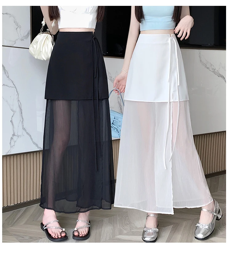 تنورة نسائية صغيرة عالية الخصر صيفية شبكية على شكل حرف A تنانير طويلة