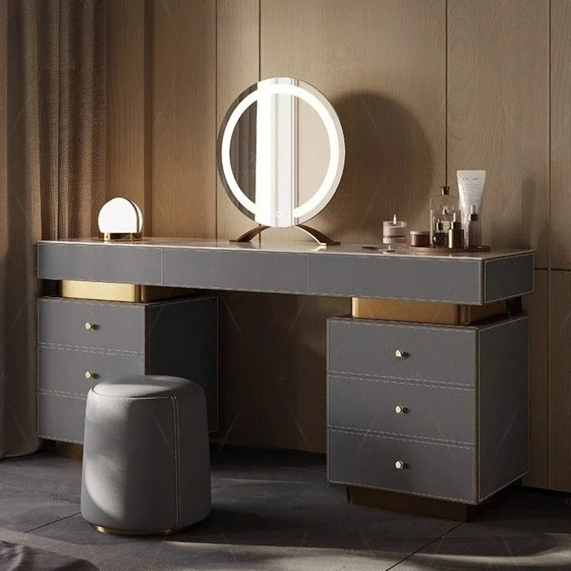 Luxury slate countertop leather Dresser with mirror Toiletries Makeup vanity illuminated makeup dressing table desk dressers