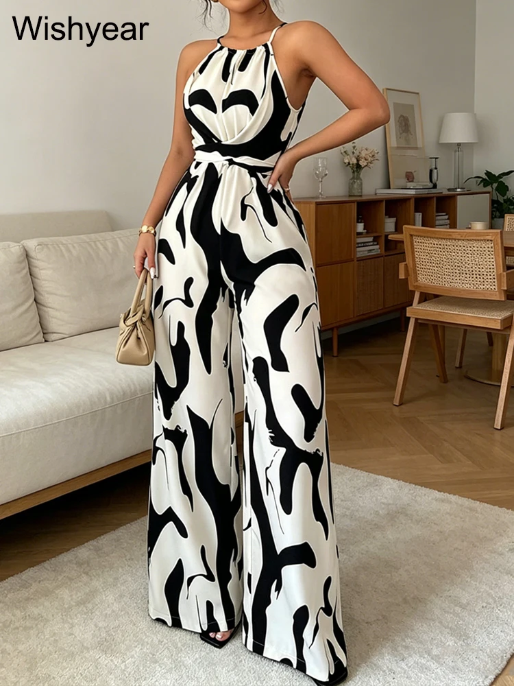 

Wishyear Women’s Sleeveless Halter Neck High Waist Wide Leg Jumpsuit Black White Abstract Print Tie Waist Romper for Party Work