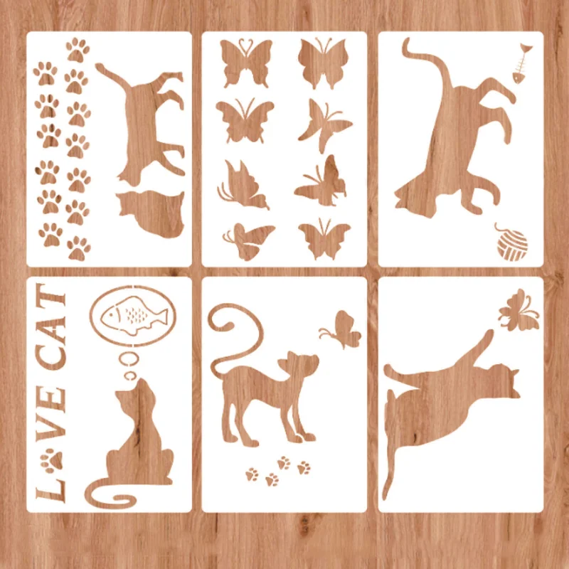 

6pcs Animal Cat Butterfly Stencil DIY Layering Wall Scrapbook Journal Coloring Embossing Furniture Floor Decor Painting Template