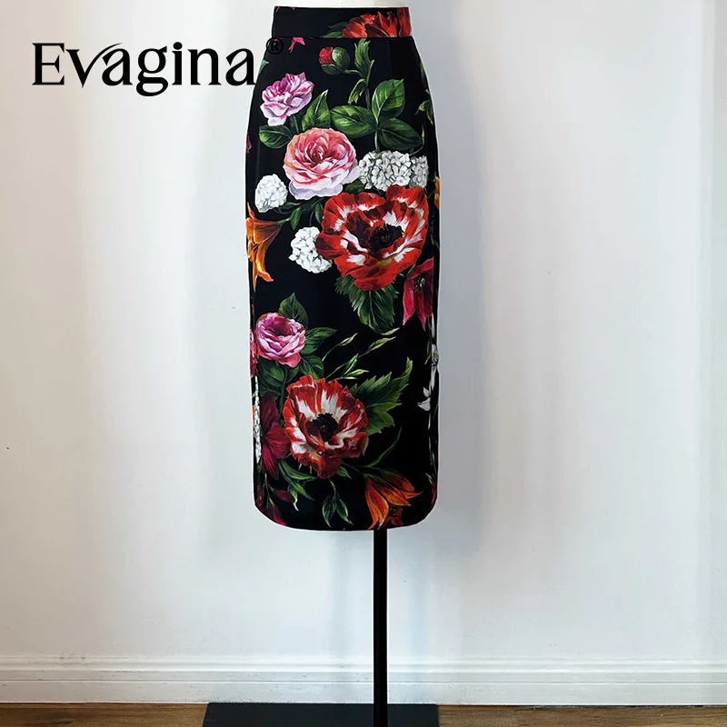 

Evagina 2025 Spring/Summer New Collection Black floral oil Painting Print Commute Office Silk long skirt and half skirt