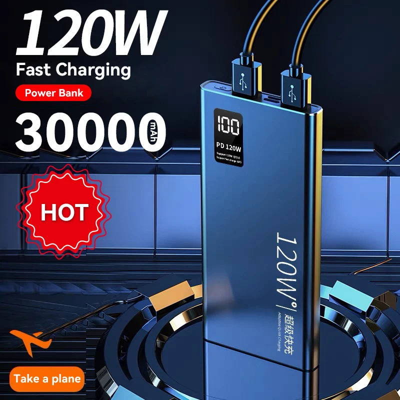 30000 mAh Power Bank 120W Super Fast Charging 100% Sufficient Capacity Portable Battery Charger For iPhone Xiaomi Huawei