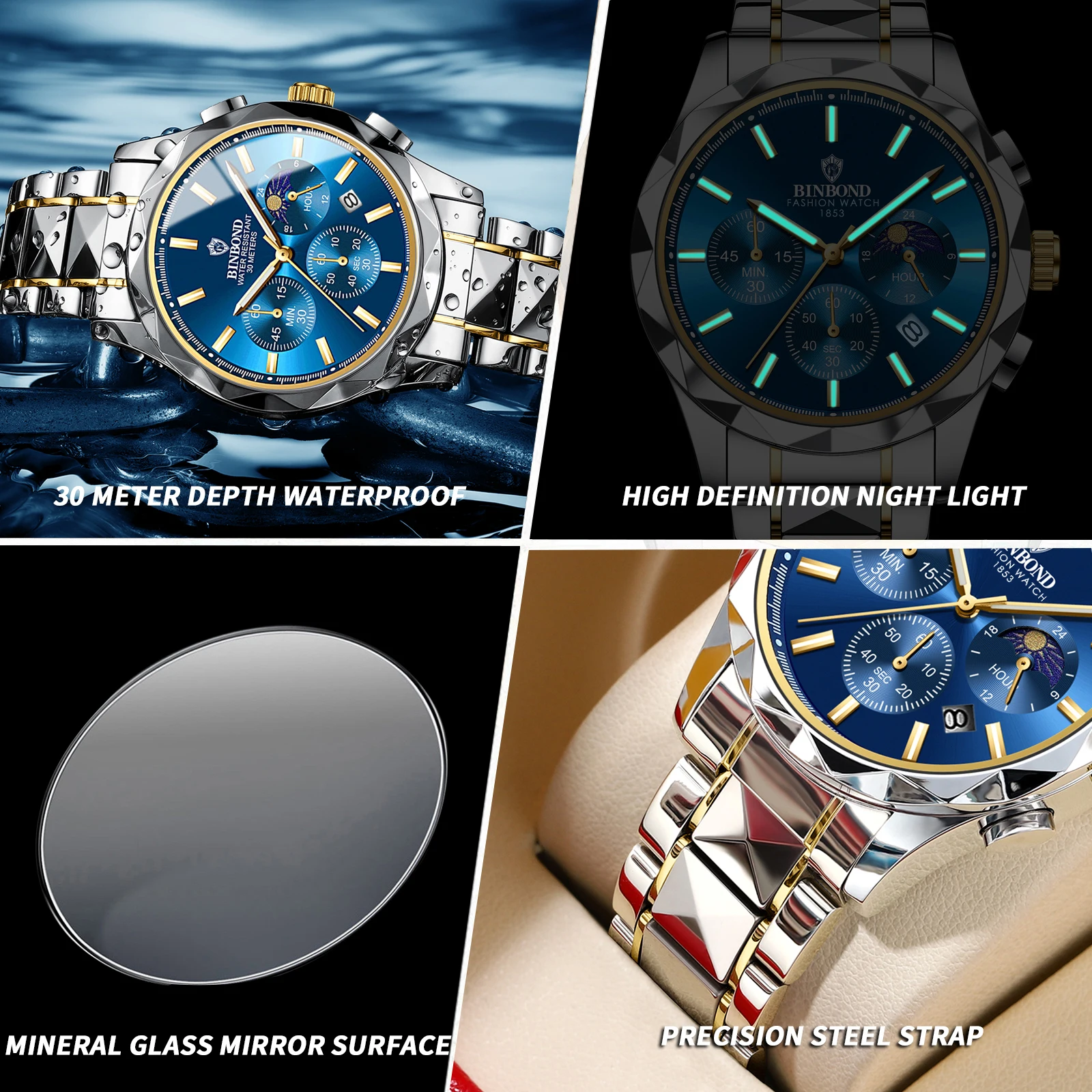 BINBOND Orologio da uomo multifunzionale con fibbia a farfalla a sei aghi Orologio al quarzo impermeabile con doppio calendario alla moda in acciaio al tungsteno
