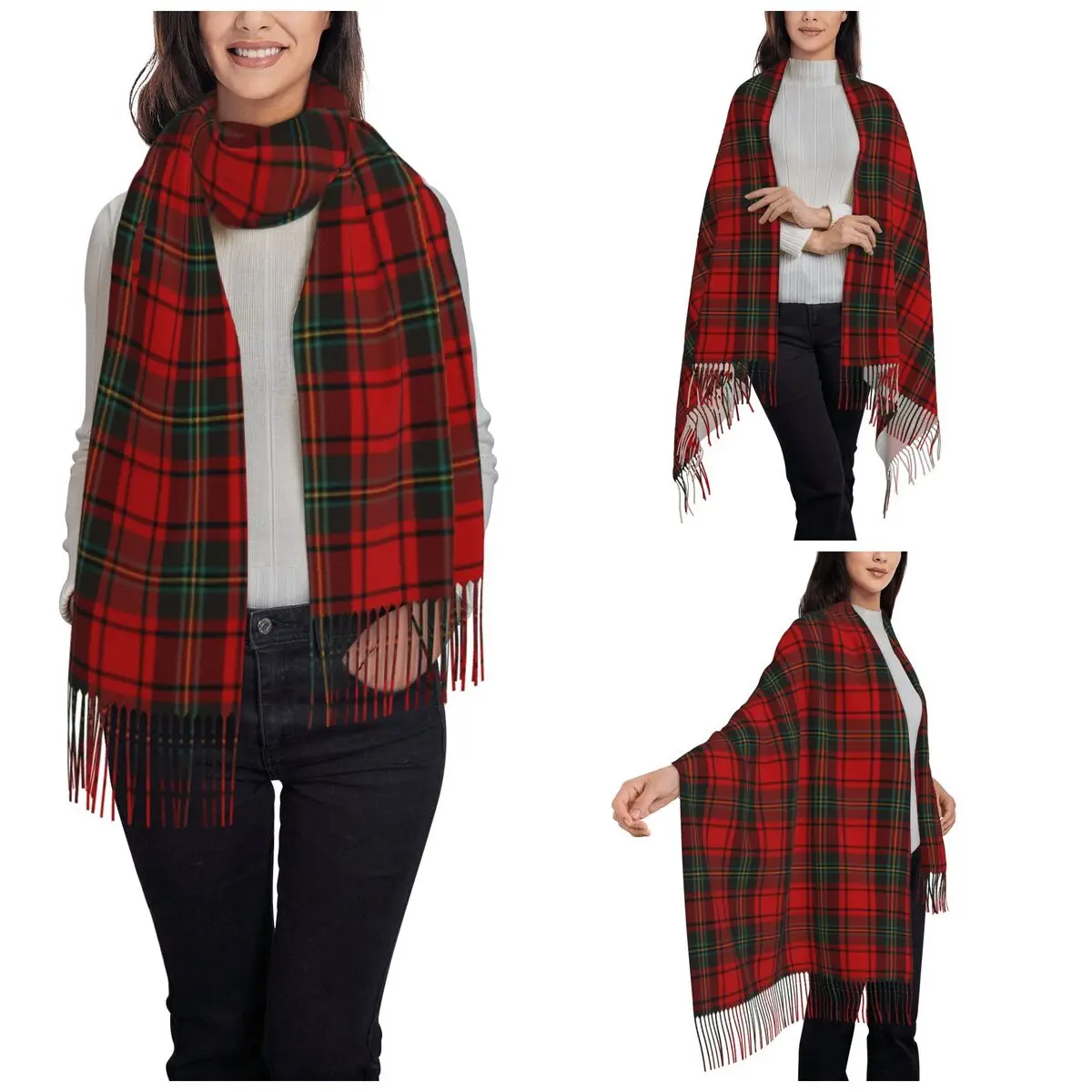 Tartan Clan Stewart Plaid Black Red Check Shawl Wraps Women Winter Long Soft Scarf Pashminas Tassel Scarves