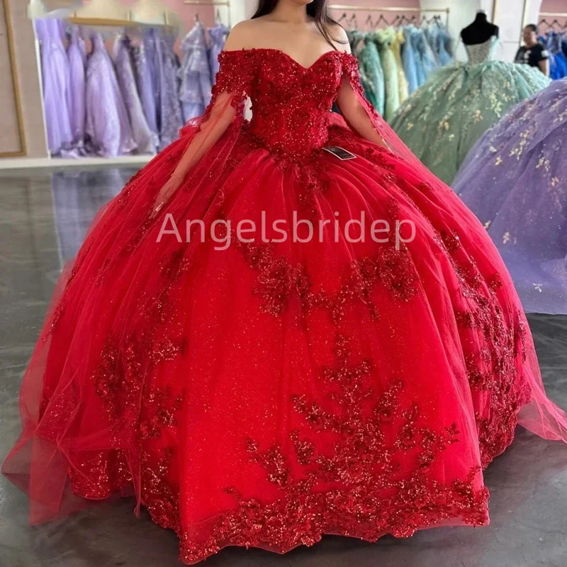 فستان الأميرة Quinceanera للفتيات ، ثوب الكرة الأحمر ، المتدرج بكشكشة ، فساتين السهرة ، الفخامة ، 15 سنة