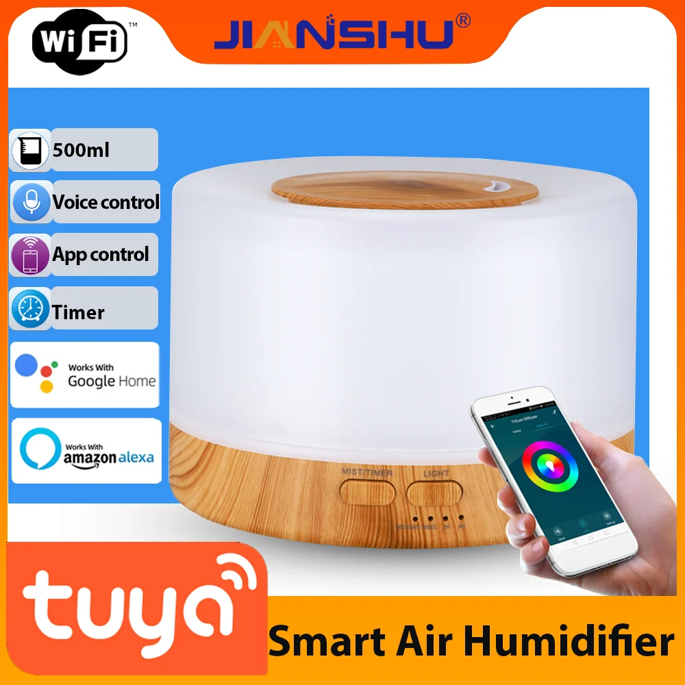 

Jianshu Tuya Smart WiFi Humidifier Aromatherapy Essential Oil Diffuser 500mL 7 Color LED Night Light Work for Alexa Google Home