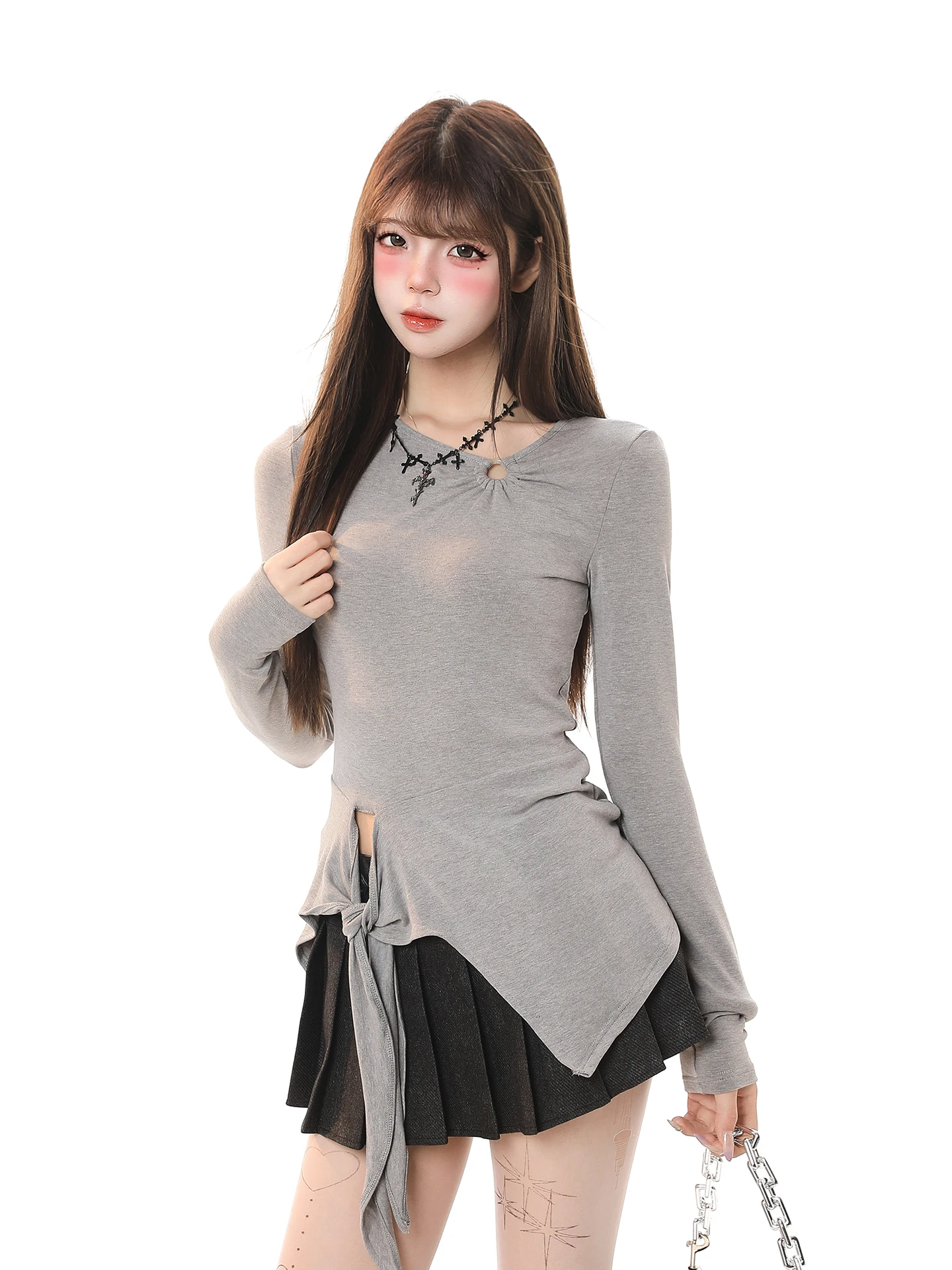 Spicy Girl Style Asymmetric Knot Long Sleeve T-Shirt Women's Slim Fit Spring New Arrival Top Casual round Neck Tee