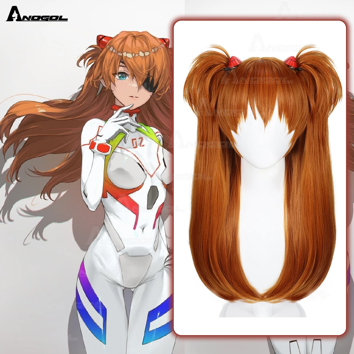 AN Synthetic EVA Asuka Langley Soryu Cosplay Wigs Long Orange Hair With 2 Ponytail Clips Wigs Free Hair Cap Anime Halloween