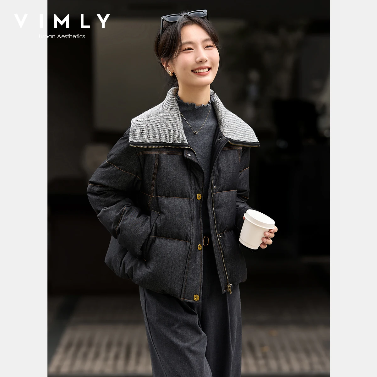 VIMLY Schwarze übergroße Daunenmäntel für Damen, 2025, Winter, Kontrastfarbe, Umlegekragen, Pufferjacken, Reißverschlussmantel für Damen 50863