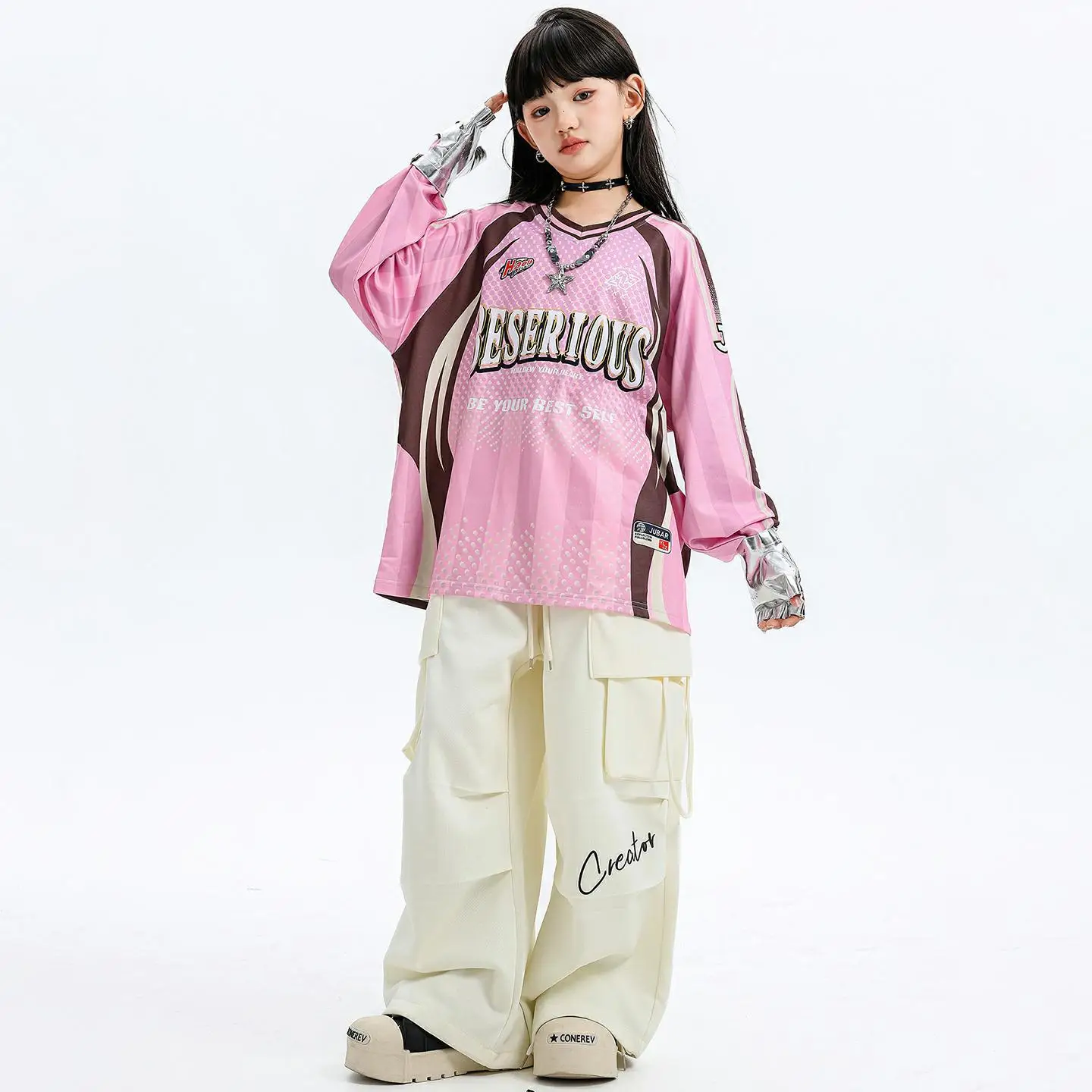 

Kid Kpop Hip Hop Clothing Pink Letter Jersey T Shirt Beige Casual Steet Parachute Cargo Pants for Girl Boy Dance Costume Clothes