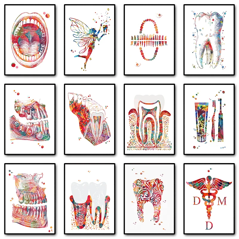 1PC--Teeth Implant Watercolor Canvas Painting Tooth Fairy Dental Art Poster Dentist Anatomy Print Wall Pictures Hospital Clin