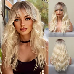 Wavy Ombre Blonde Platinum Hair Wig With Bangs Long Curly Blonde Wig for Women Synthetic Wig for Daily Use Heat Resistant Fiber