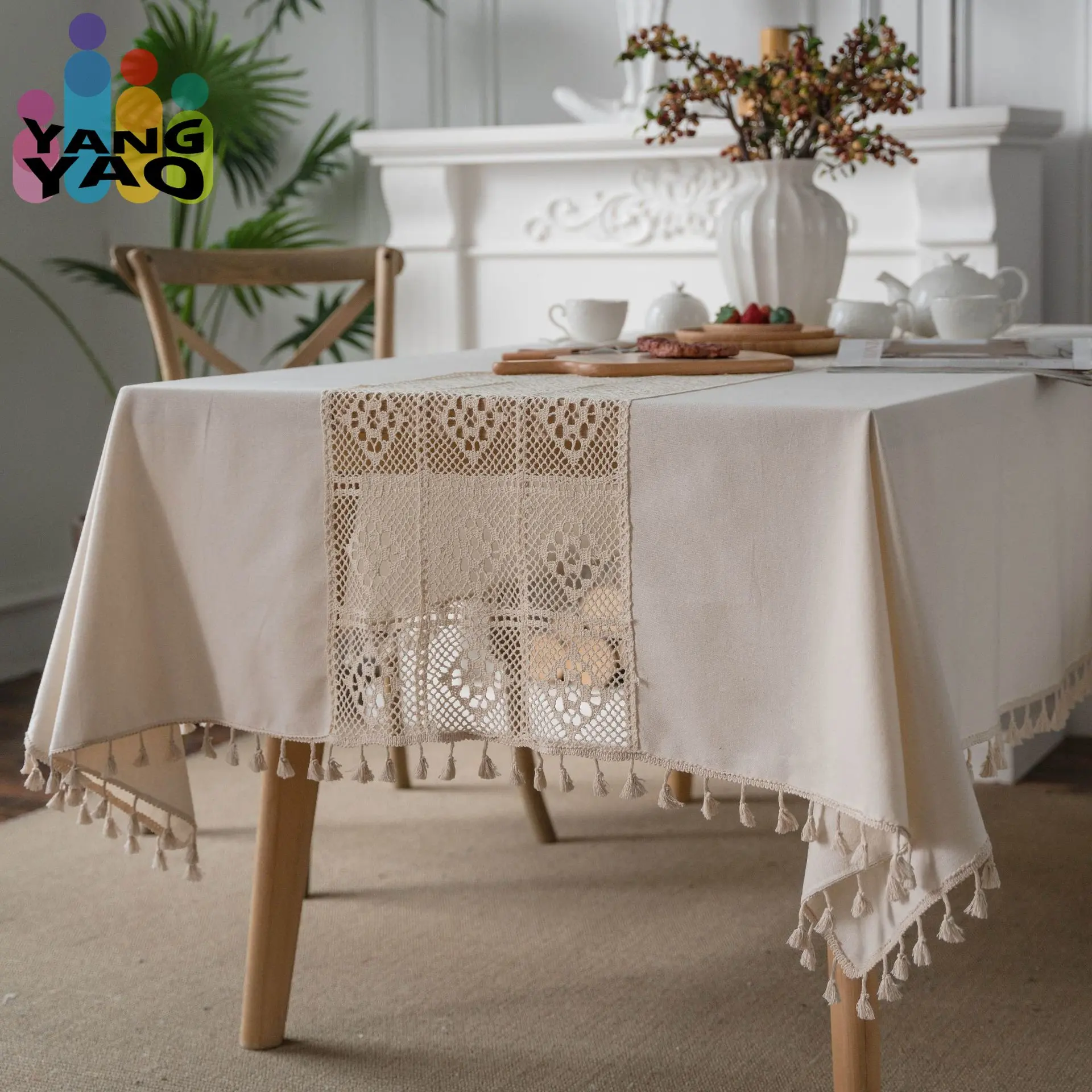 Cotton Linen Tablecloth with Tassel Dining table cloth Hollow Out  Weddings Birthday Party deco marriage Rectangular Table cover