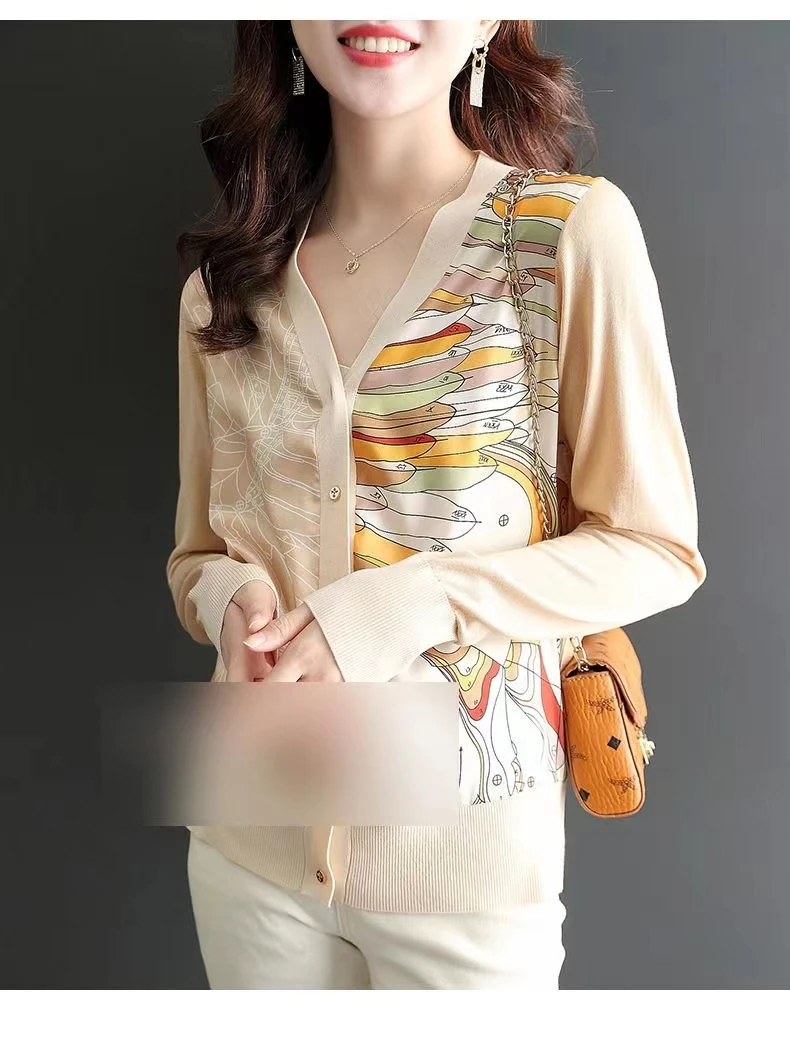 2023 spring new stand collar thin loose knit long sleeve chiffon print splicing sunscreen air conditioning small cardigan woman