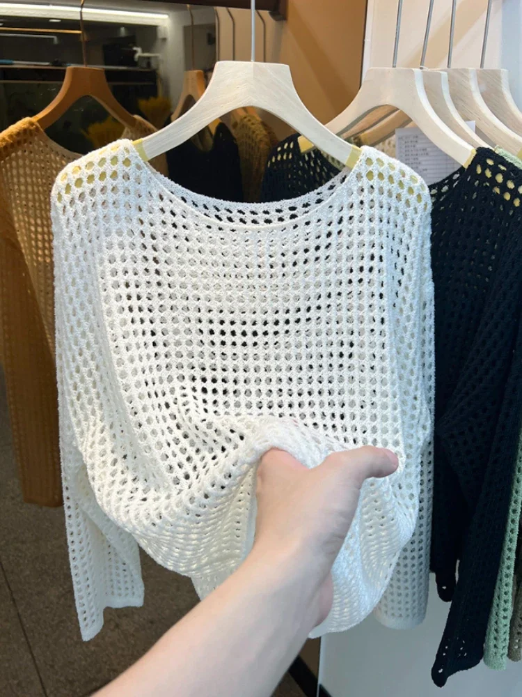 2025 Mesh Vintage Harajuku Long Sleeve Women Sweater Korean Spring Summer Knitwear Soft Thin Tops Chic Solid Femme Sweater