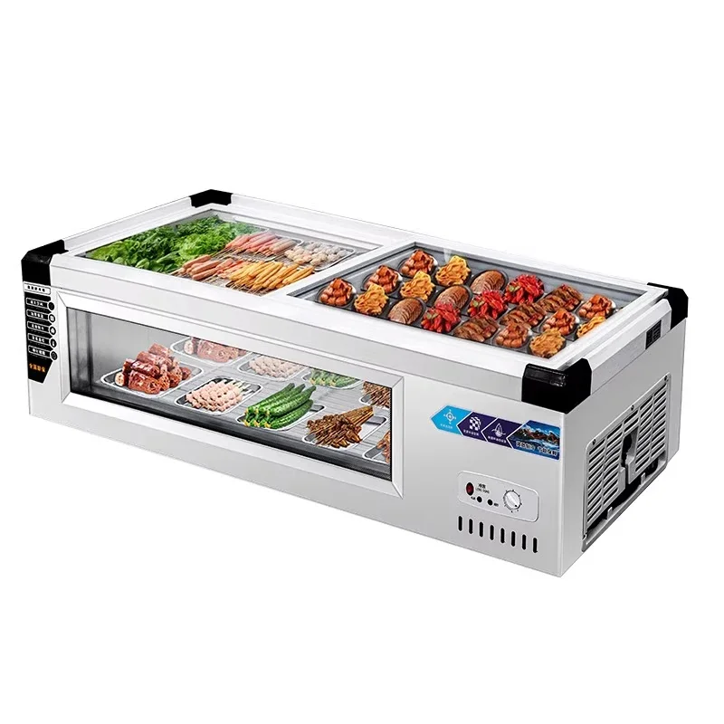 Lemari Display Berpendingin Meja 1M/1.2M, Freezer Kios Bergerak Penjaga Kesegaran dan Pembekuan, Tusuk Sate Goreng dan Display Barbekyu