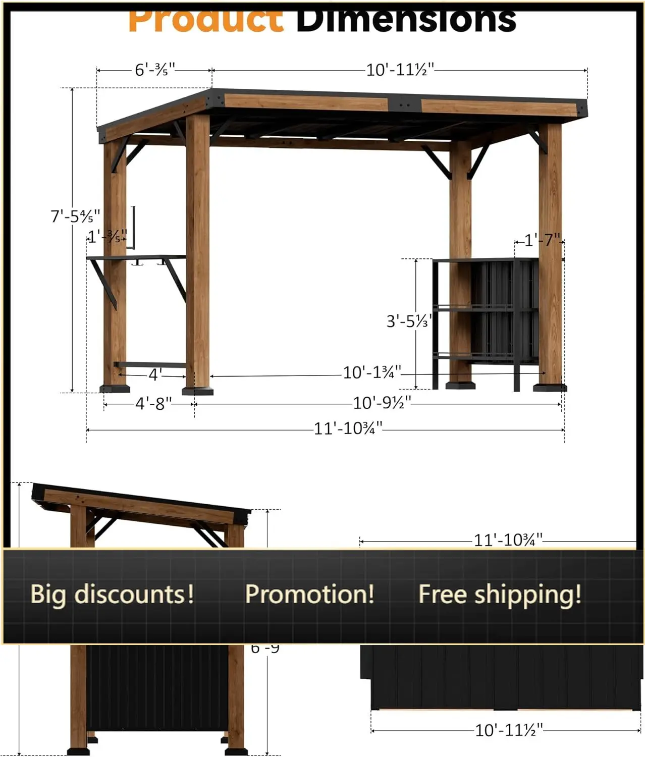 

Modern Shade Woodberry Grill Gazebo 6' X 12', Cedar Wood Gazebo with Dual bar Tops & Shelves, Patio Bar with Galvanized Steel Ro