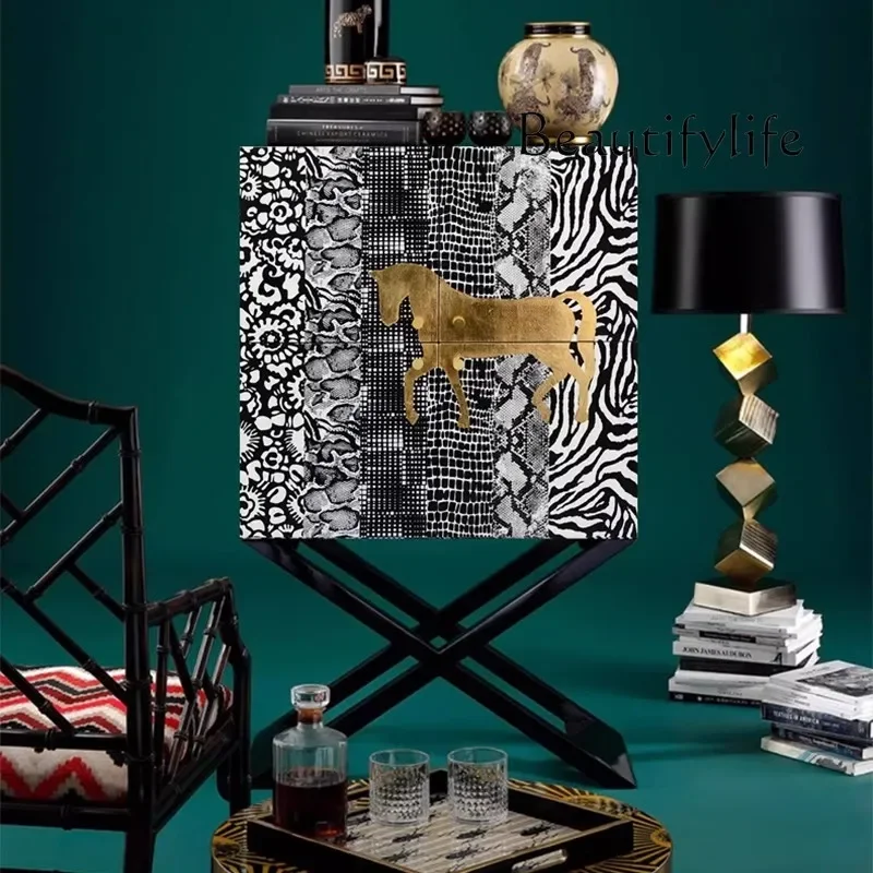 

light luxury display cabinet against the wall, living room entrance cabinet, medieval painted dream horse dining side cabinet