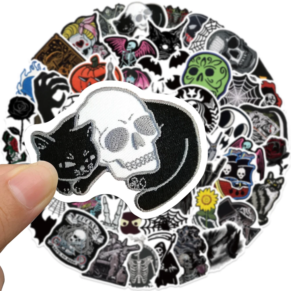 60 SZTUK Naklejek Halloween w Stylu Horror, Ciemne Motywy: Szkielety, Pajęcze Sieci, Nietoperze, Czarny Kot, Personalizowane Dekoracje Artystyczne na Festiwal, Prezent