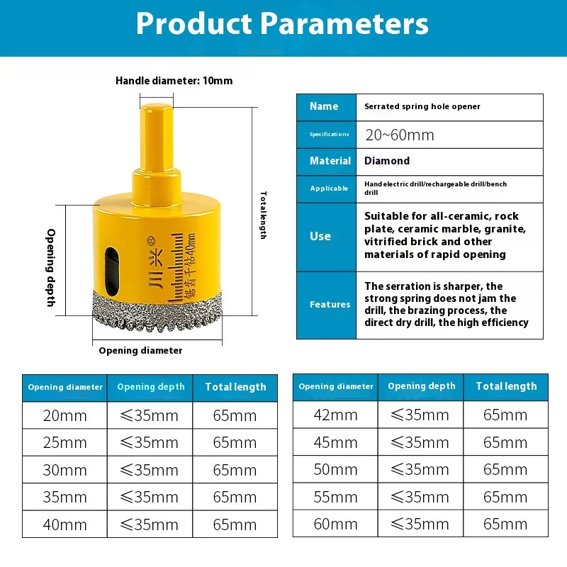 Spring-loaded Serrated Hole Opener For Ceramic Tile Rock Plate Quartz Stone Marble Material Drilling, Diamond Drill Bit