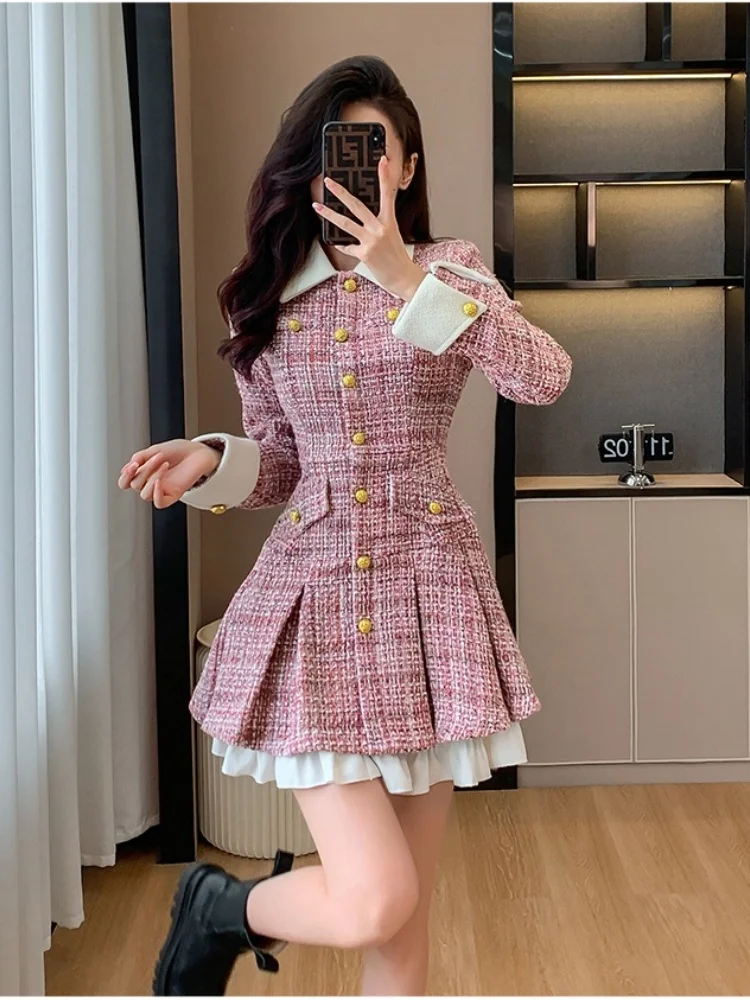 Rosa kleines duftendes Tweed-Kleid für Frauen Herbst Winter Französisch Licht Luxus Einreiher Patchwork kurze Wollkleider