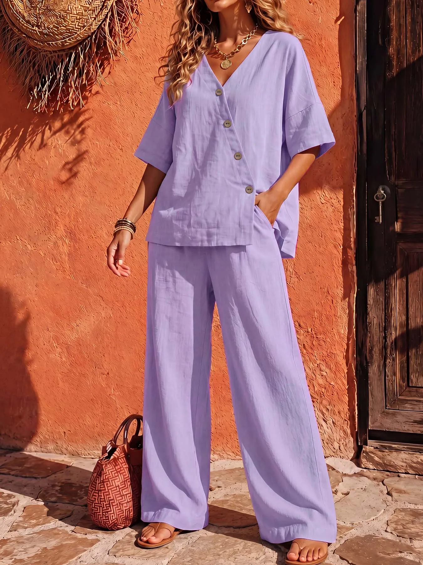 Asymmetrisches Oberteil aus 100 % Baumwolle für Damen mit Holzknöpfen und weit geschnittene Hose mit elastischem Bund und fließendem Schnitt – Lässiges Pendler-Set – Detail 6