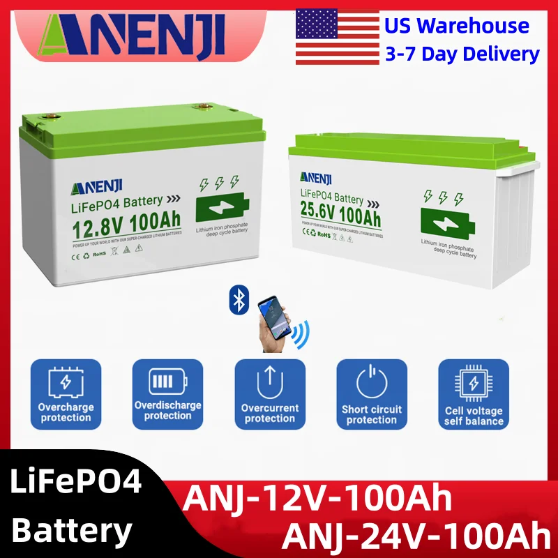 ANENJI 24V 12V 100Ah LiFePO4 Solar Battery Lithium Battery Pack Built-in BMS Grade A Cells 6000+ Cycle For Home Energy Storage