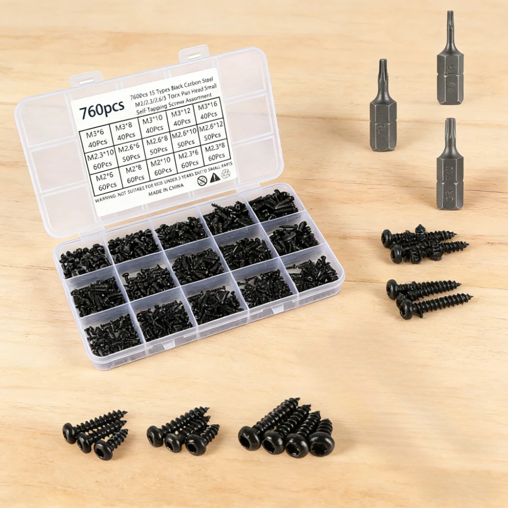 

760pc Torx Pan Head Tapping Screw for Plastic kit M2 M2.3 M2.6 M3 grade 8.8 Black Carbon Steel Round Six Lobe Self Tapping Screw