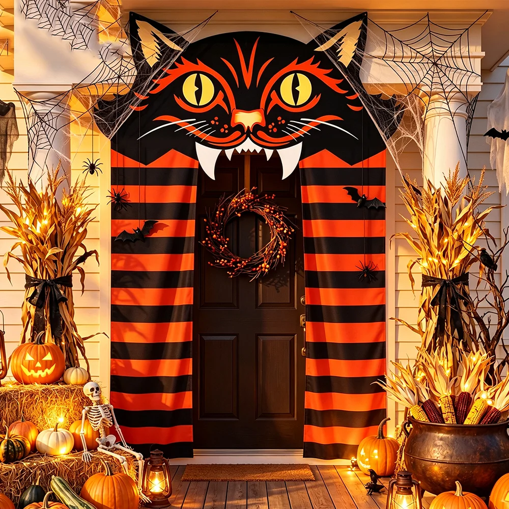 Schwarzer Katzen-Halloween-Torbogen-Vorhang, Orange-Schwarz Gestreiftes Katzen-Gesicht Türbanner für Veranda, Halloween-Party Eingangsbereich Dekoration – Detail 4
