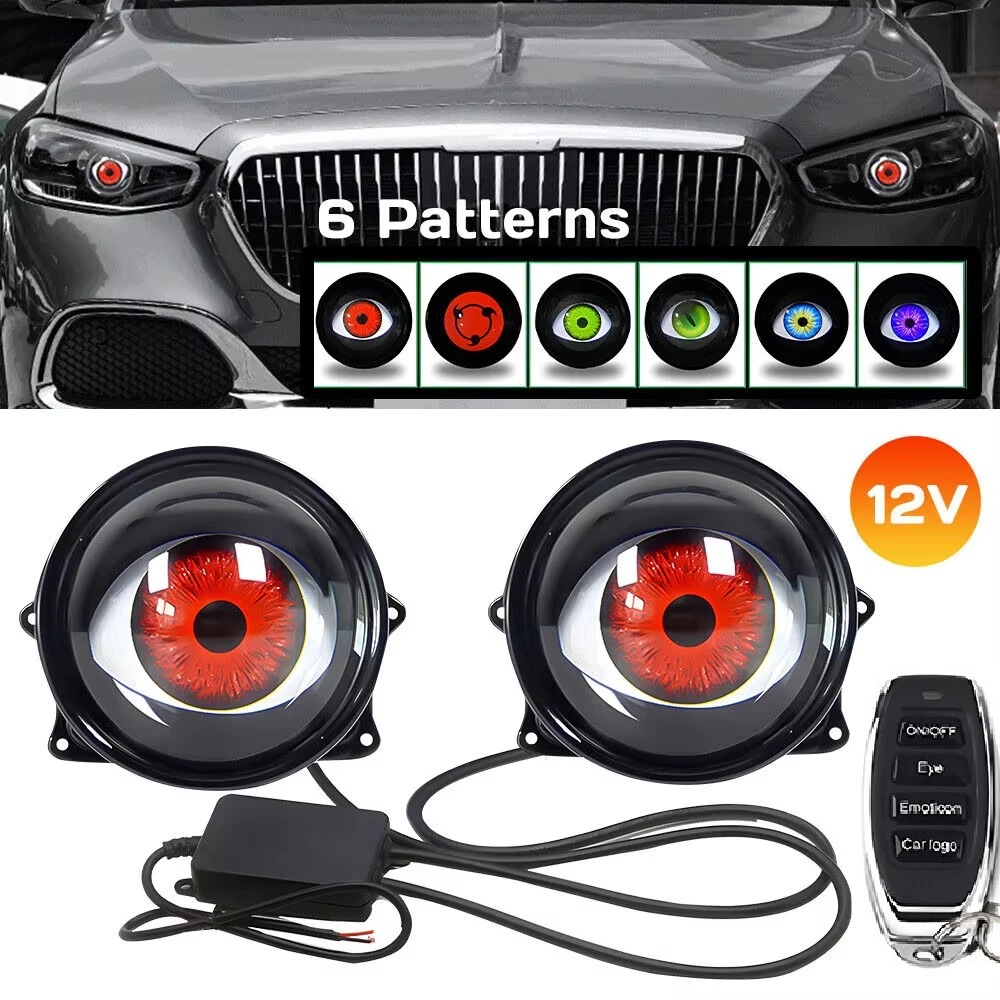 2PCS Dynamic Devil Eyes LED Car Headlights,Blinking Red Demon Eye Lights with Color Lenses,Halloween Eyeball Decoration for Cars