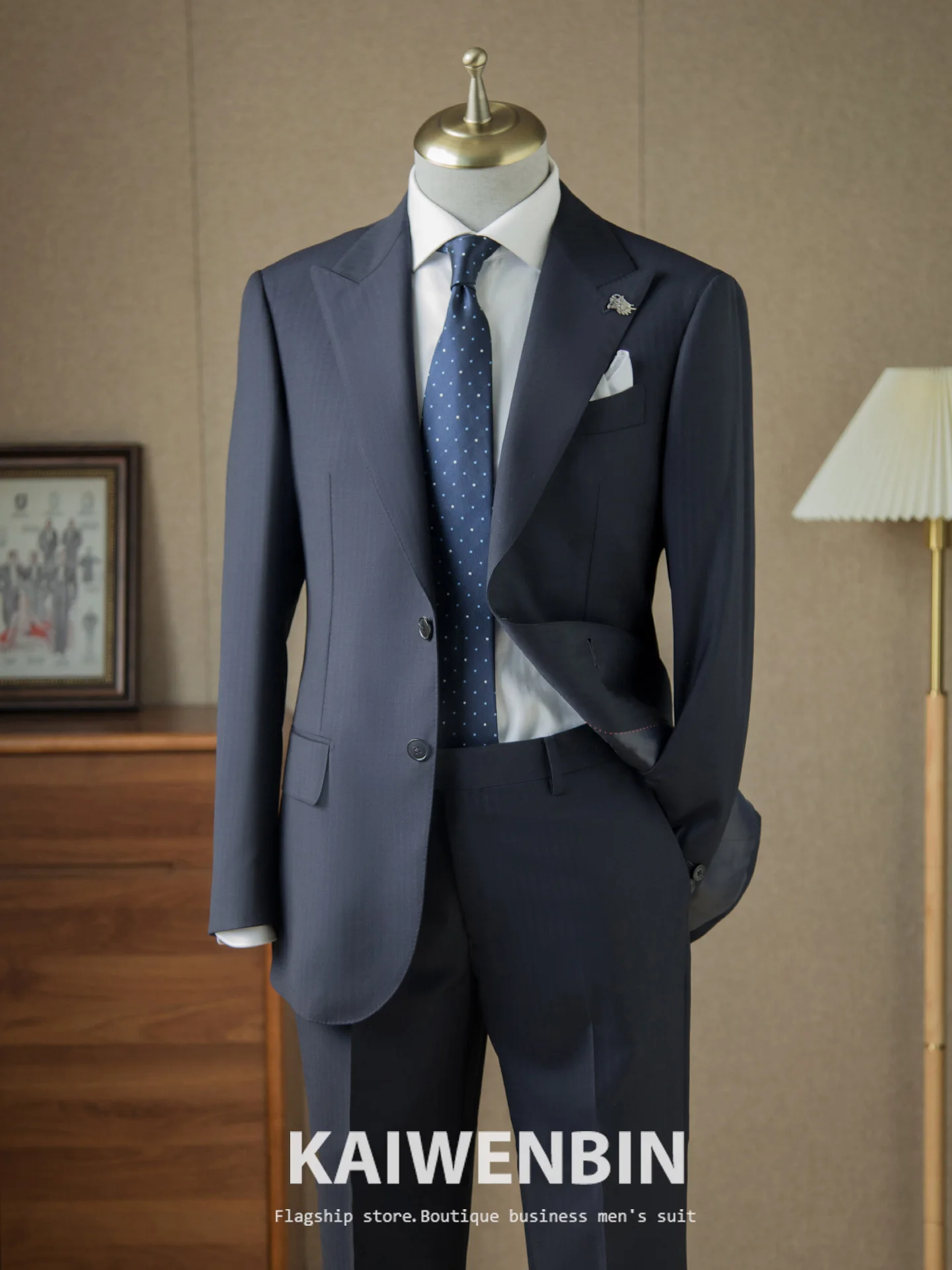 Men's Suit 2 piece Set Double Breasted Pure Wool Peak Lapel Navy Pinstripe Business Formal Wedding Groom Custom Luxury Tuxedo